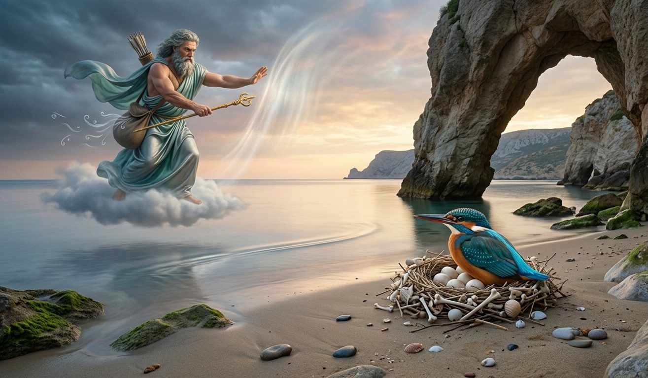 Eolo (deus dos ventos) acalma os ventos e o mar para que a ave alcíone possa chocar seus ovos