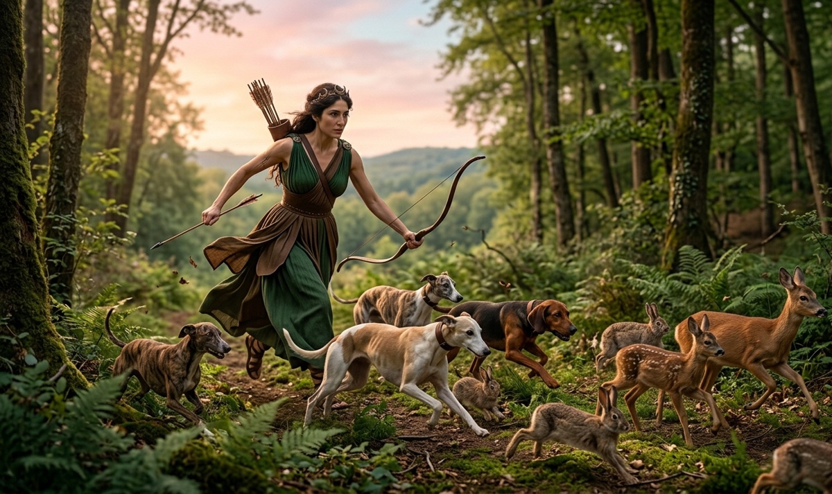 Vênus percorre bosques e colinas incitando seus cães e perseguindo lebres cervos e animais