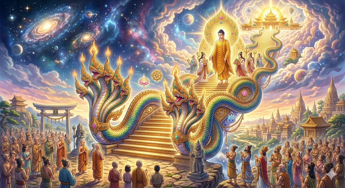 escada feita de duas serpentes sagradas nagas utilizada pelo Buda